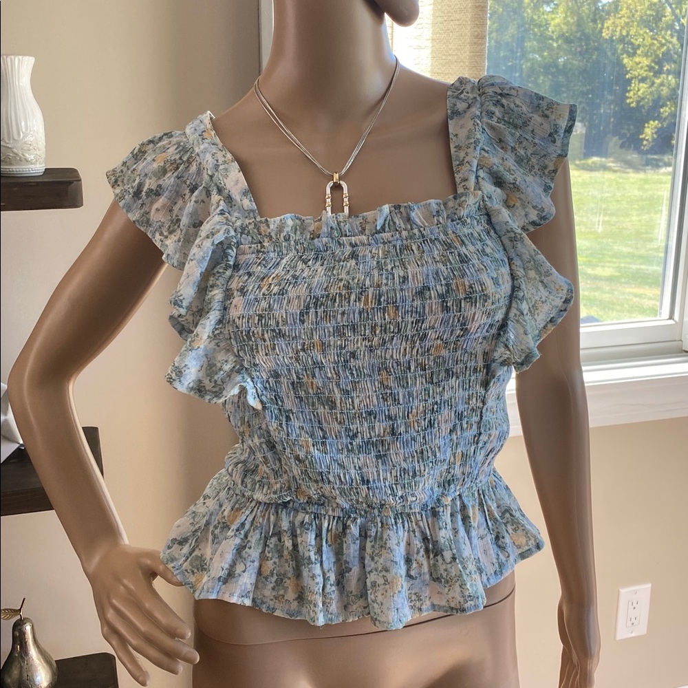 MINE Blue and Green Smocked Top